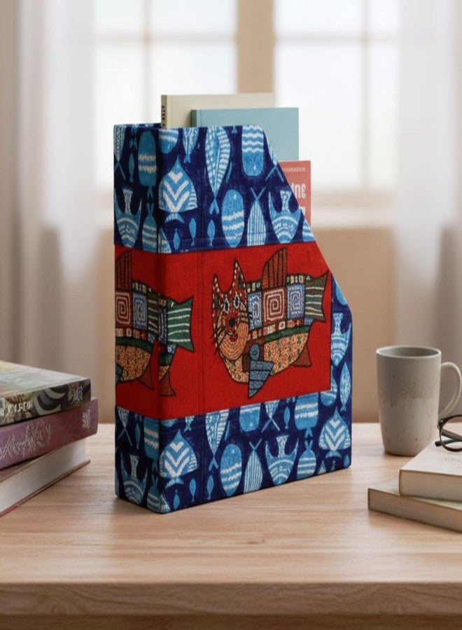 INDHA Sturdy Foldable Desk Organizer & Magazine Holder | Hand Block Printed Fabric with Embroidered Cat Fish Motif | A4 Size File & Book Organizer | Ideal for Kids Study Table & Employee Gifting - Image 1